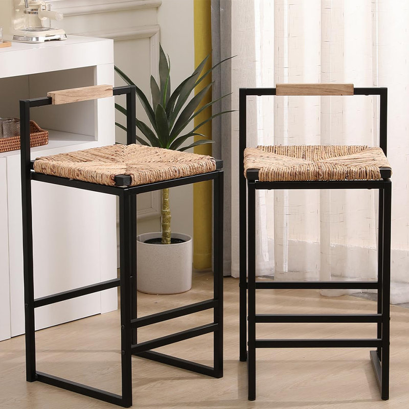 Upholstered Counter Stool with Metal Frame, Natural Wood