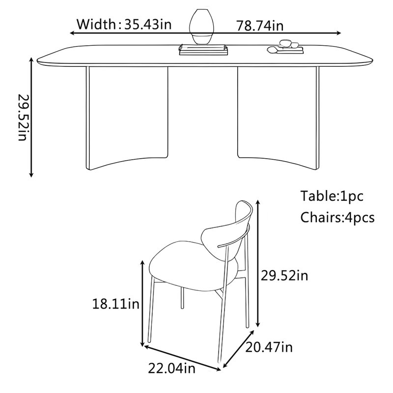 Modern and Simple Dining Table and Chair Set, 29.52" H x 78.74" L x 35.43" W