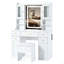 Meuble-lavabo de 41,4 po avec miroir et lumières, table de maquillage avec 5 tiroirs et 4 armoires, coiffeuse avec station de charge et tabouret de rangement rembourré pour la chambre à coucher, blanc