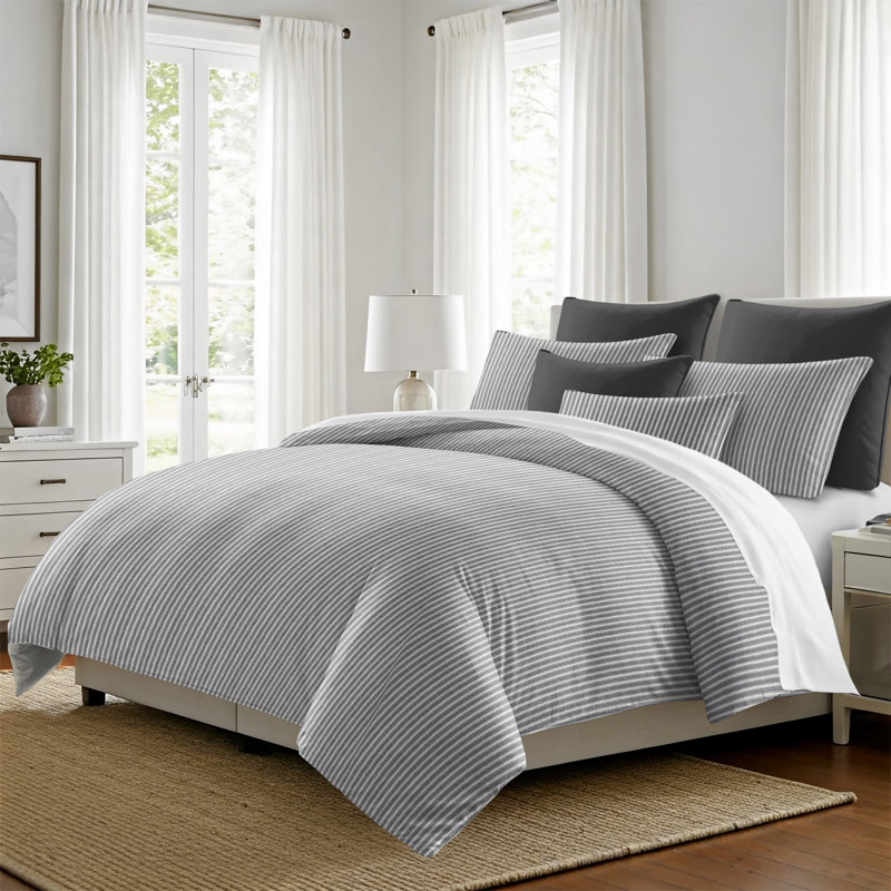 Walker Ticking Stripe Indigo/White Cotton Coverlet Set, Super Queen Coverlet / Bedspread + 2 Queen Shams, Iron/Ivory