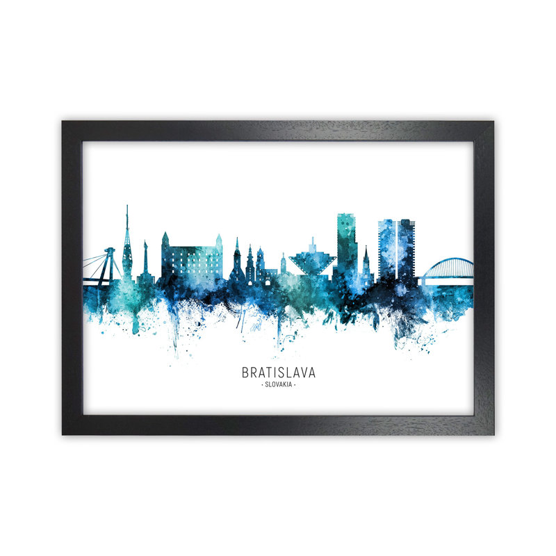 Bratislava Slovakia Skyline Blue City Name by Michael Tompsett - Print, Black Framed, 64cm H x 88cm W x 3cm D