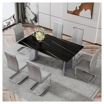 Modern Black Marble Glass Dining Table Set with 6 Light Grey PU Chairs, Stainless Steel Base Kitchen Furniture