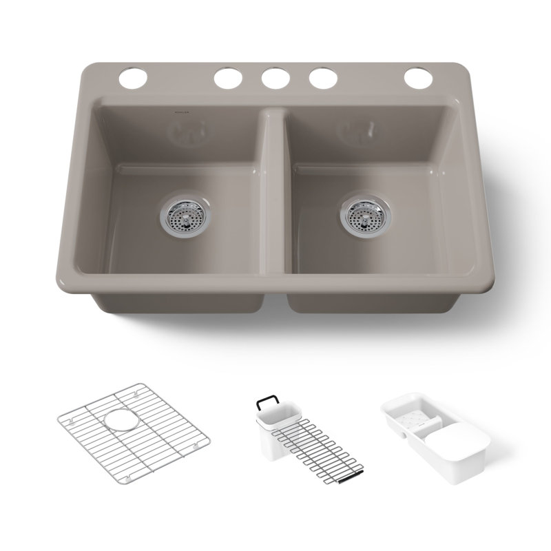 Riverby® 33" x 22" x 9.625" Under-Mount Double-Equal Kitchen Sink with Accessories and 5 Oversized Faucet Holes, Truffle