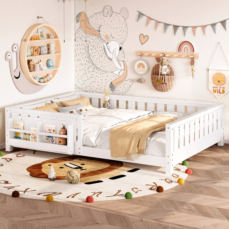 Queen bed with built-in bookshelf and high-quality safety guardrail,White, Queen, White