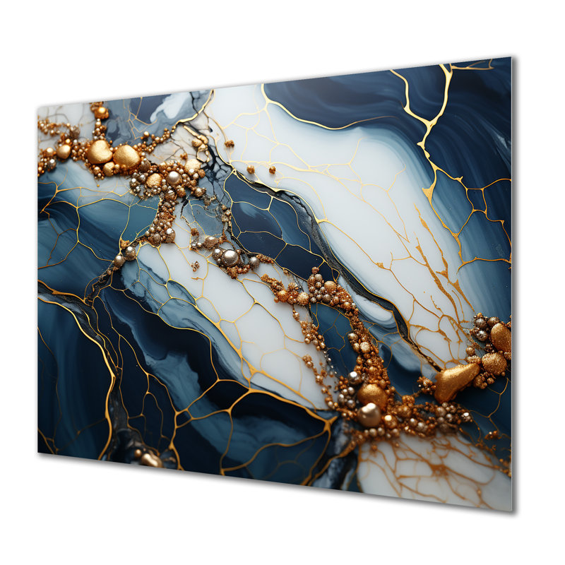 Encre de marbre dorée et bleue Art V - décoration murale en marbre MT137111, H 16 po x l 32 po x P 1 po