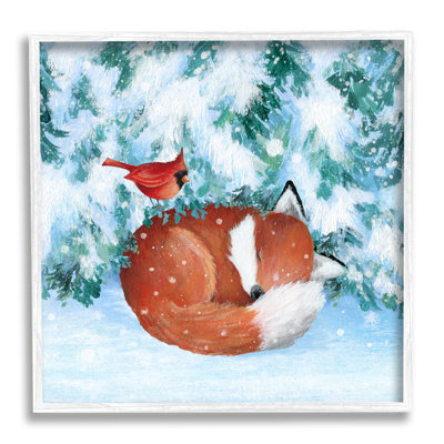 Ba-801 - Renard endormi dans la neige encadré sur bois par Emma Leach
