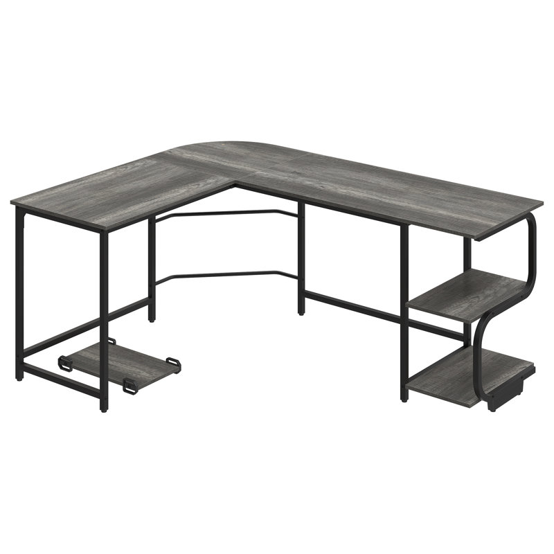 L-Shaped Metal Base Computer Desk, Black Oak/Black, 29.3" H x 68.9" W x 53.1" D
