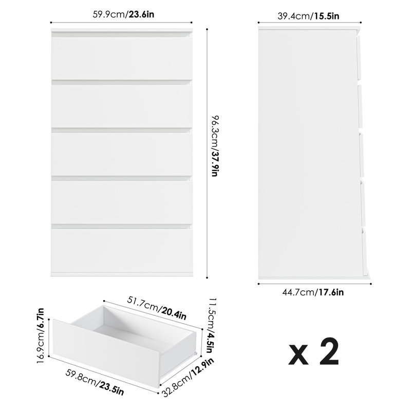  (Ensemble de 2) Commode 5 tiroirs, Blanc