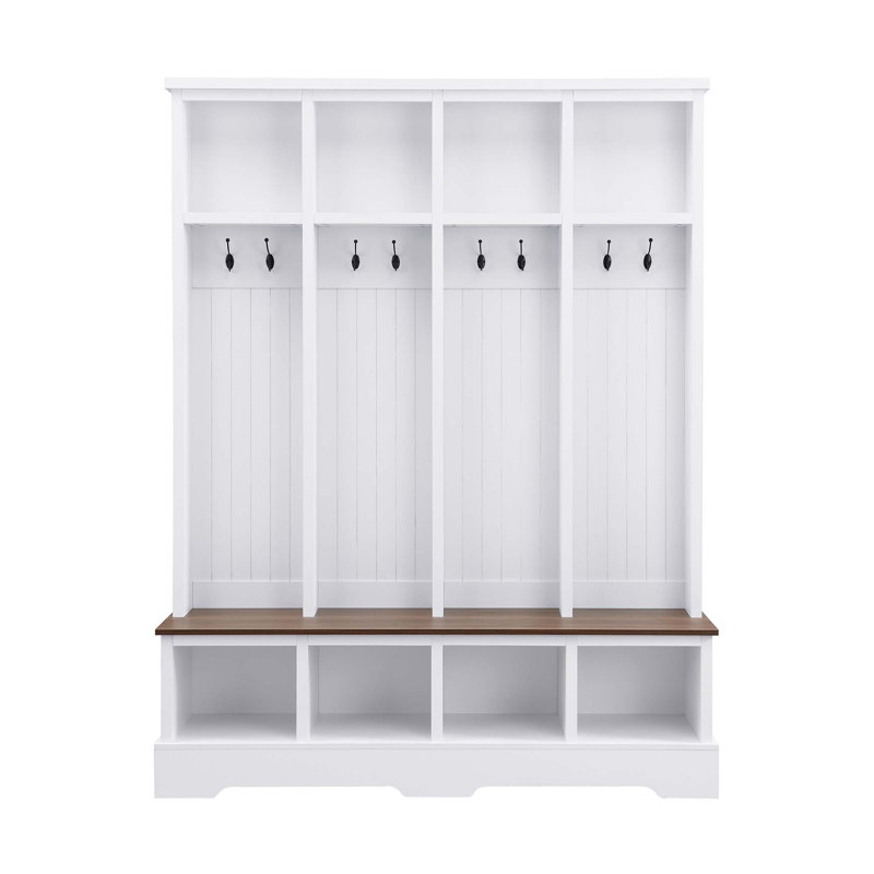 Rustic Farmhouse Hall Tree With 8 Hooks, Entryway Bench, And Open Compartments, 76.7H Modern 3-In-1 Wooden Style Coat And Shoe Rack