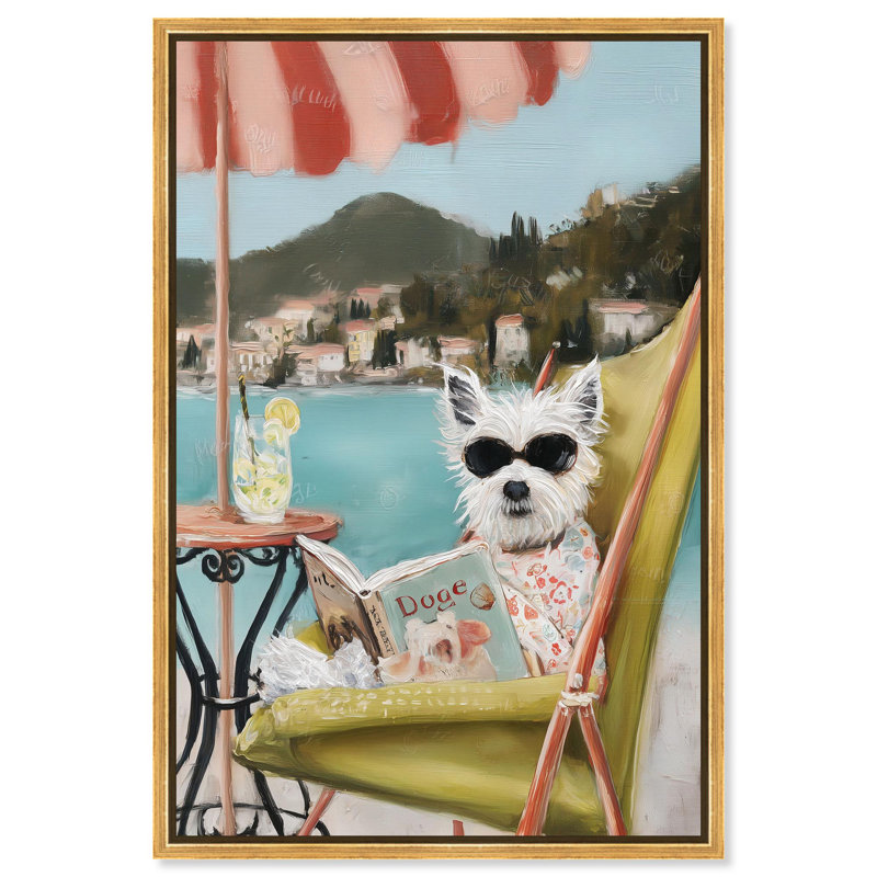 «Beach Reader I Fun Pet», reproduction d'art sur toile par Art Remedy, H 54 po x l 36 po, Cadre blanc