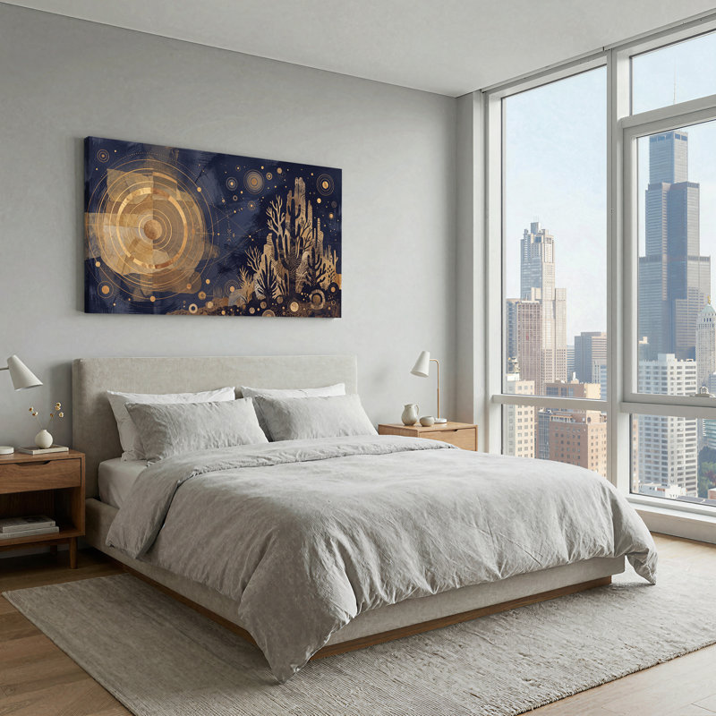 Art mural sur toile bleu marine à anneaux concentriques dorés et cactus, L 58 po x H 28 po
