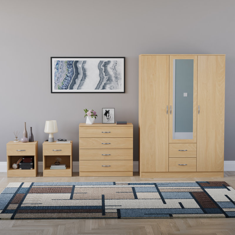 Tayce 4 Piece Bedroom Set (1 Drawer Bedside Chest X2, 4 Drawer Chest, 3 Door 2 Drawer Mirrored Wardrobe), Tan