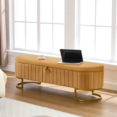 Velvet Upholstered Storage Bench with Horseshoe-Shaped Metal Legs for Living Room: Stylish and Functional Bed-End Solution