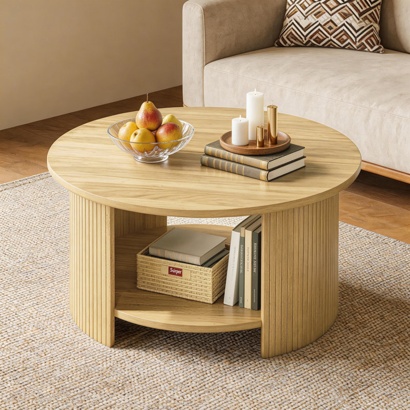 31.5" Handcrafted Round Drum Coffee Table with Storage – Solid Wood Fluted Design, Oak Wood