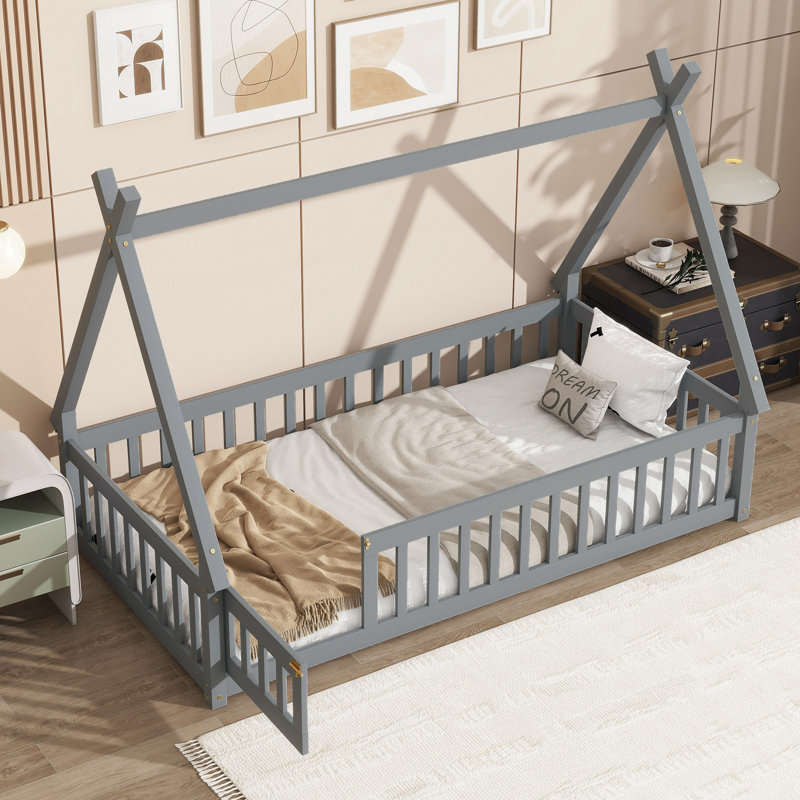 Tent-Shaped Floor Bed,Teepee Bed With Guardrails,Slats And Door, Gray, Twin