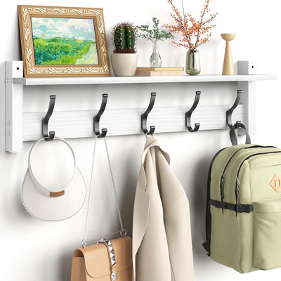 Portemanteau mural avec tablette, 5 crochets robustes pour le vestibule, support mural compact et organisateur
