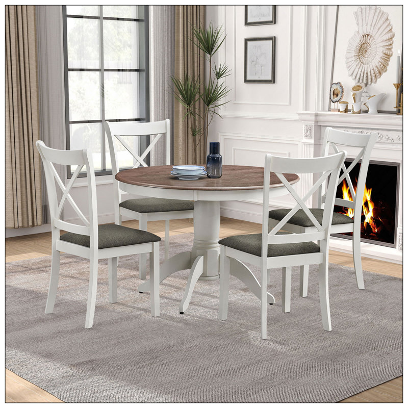 (1 table avec 4 chaises) Ensemble de table de salle à manger en bois pour 4 personnes, table de cuisine ronde de conception moderne avec pieds à tréteaux courbés et chaises rembourrées pour la salle à manger, la cuisine et l'espace