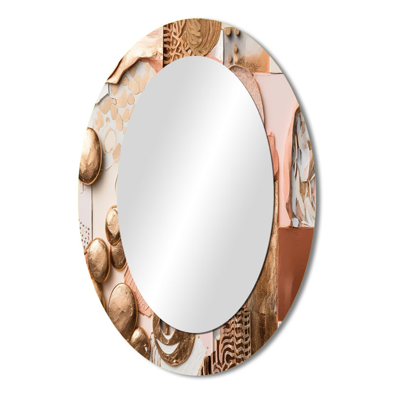 Gold And White Geometric Serenity II - Large Oval Wall Mirror On Metal, 36" x 24"