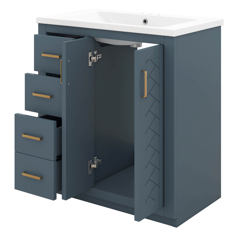 Meuble-lavabo de 30 po avec lavabo en céramique, armoire de rangement moderne à 3 tiroirs et 2 portes, meuble-lavabo autoportant, fermeture en douceur