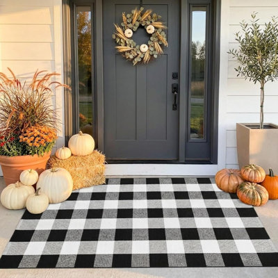 3' x 5' Buffalo Plaid Outdoor Area Rug, Black and White Washable Cotton Layering Rug for Front Door, Porch, Patio & Entryway