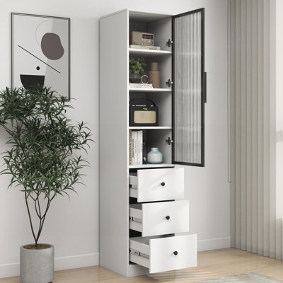 Rangement de salle de bain 70,87 H de hauteur avec 1 porte vitrée et 3 tiroirs, unité de rangement étroite pour espaces modernes Mirella