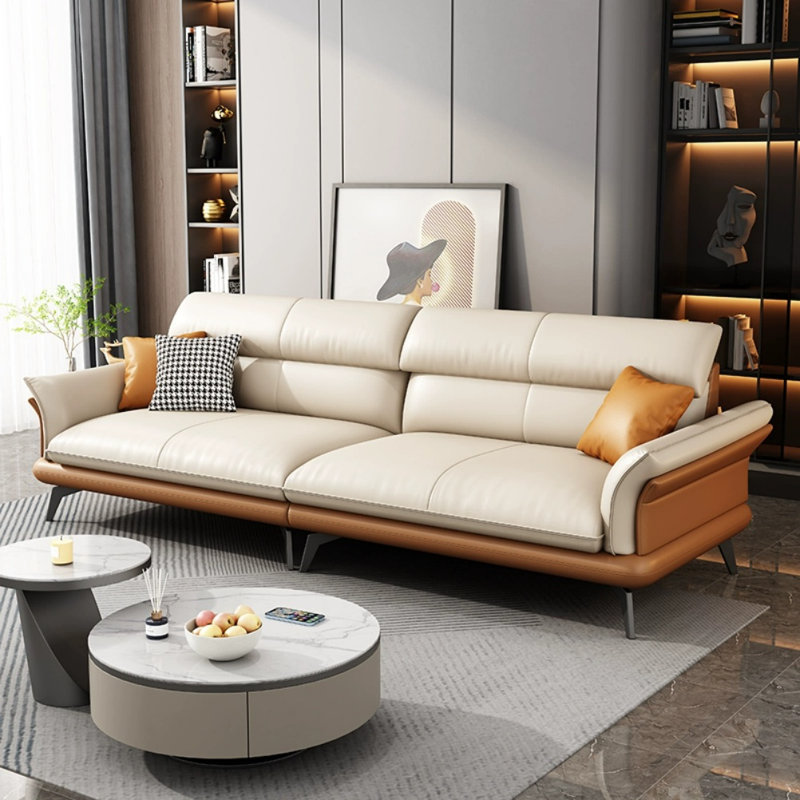 Simple Faux Leather Sofa, Off White, 33.86" H x 98.43" W x 37.4" D