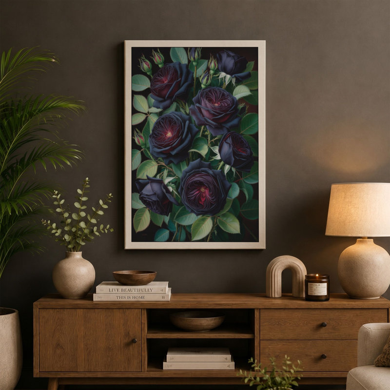 Deep Burgundy Roses Botanical - Wrapped Canvas, 30x20 - 76.2 x 50.8 cm, Cream Border