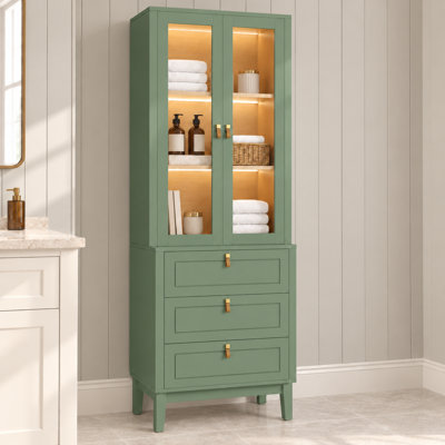 Armoire à linge autoportante de 70,8 pouces avec portes vitrées, 3 tiroirs et étagères d'exposition