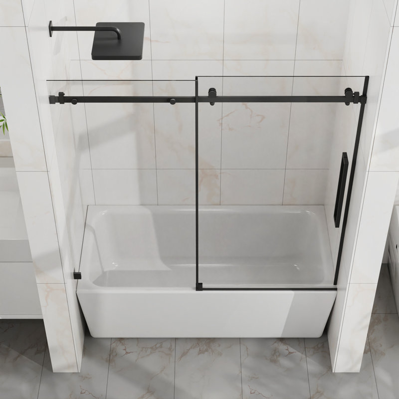 Bathtub Door, Frameless Tub Sliding Shower Door, 1/4" (6Mm) Thick Tempered Clear Glass With Easy-Clean Coating, Stainless Steel Hardware