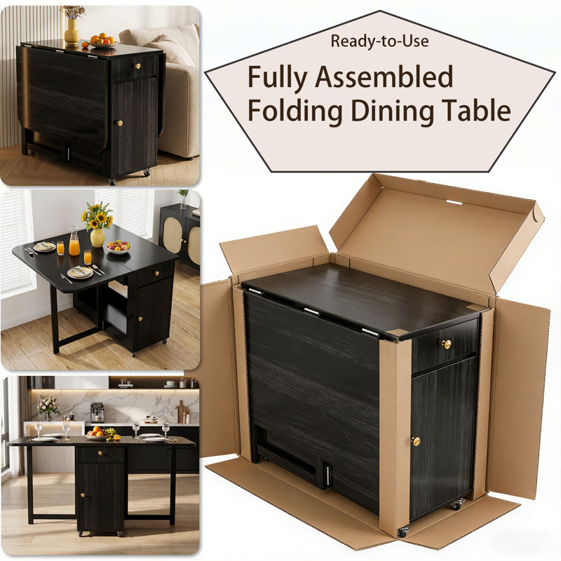 Folding Dining Table And Chairs, Space Saving Drop Leaf Kitchen Table With 4 Chairs And Storage, Extendable Small Dining Room Table With Wheels, No Assembly Required Solid Wood 