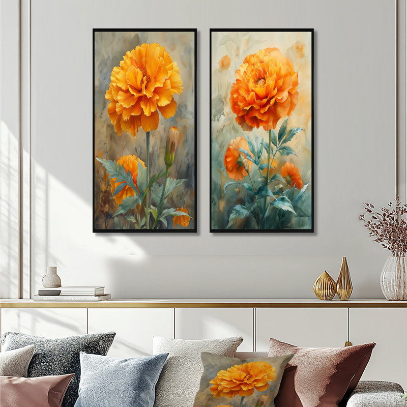 Ensemble de 2 pièces d'art jaune jaune et jaune, H 28 po x l 24 po, Cadre flottant noir
