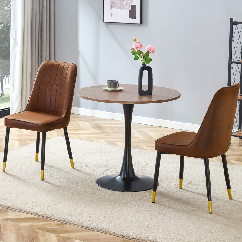 Ensemble de table et de chaises Petite table ronde en forme de sablier de 31,9 pouces. Conception chaleureuse en noyer clair, stable et durable. Combinée à des chaises de salle à manger en tissu technologique. Convient pour la cuisine, la salle à mang