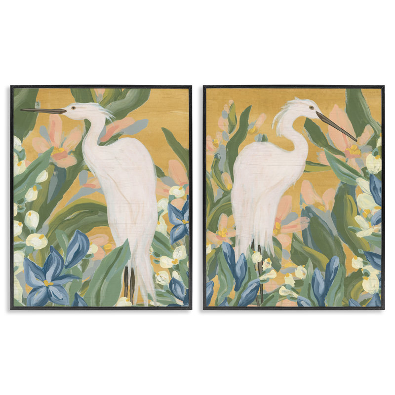 «Great Egret in Blooming Bushes», ensemble de 2 giclées encadrées par June Erica Vess, H 30 po x l 24 po