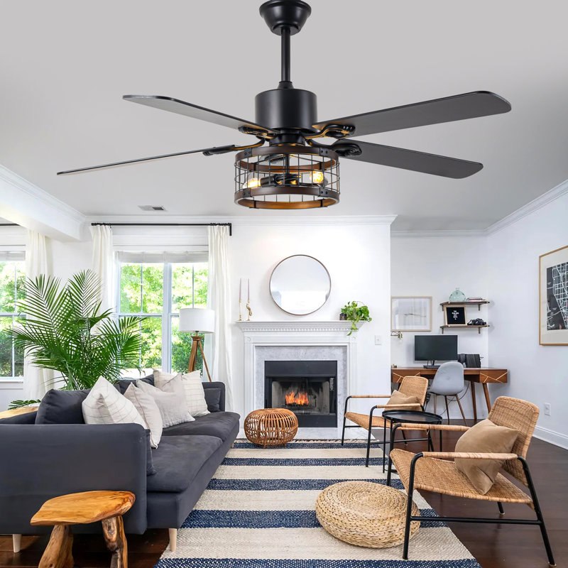52 Inch Black Farmhouse Industrial Ceiling Fan with Light and Remote, DC Motor 6 Speeds Reversible Ceiling Fan for Large Room