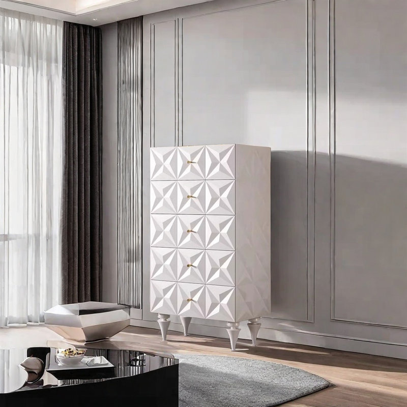 Armoire d'appoint rétro de style français sculptée, Blanc / Blanc