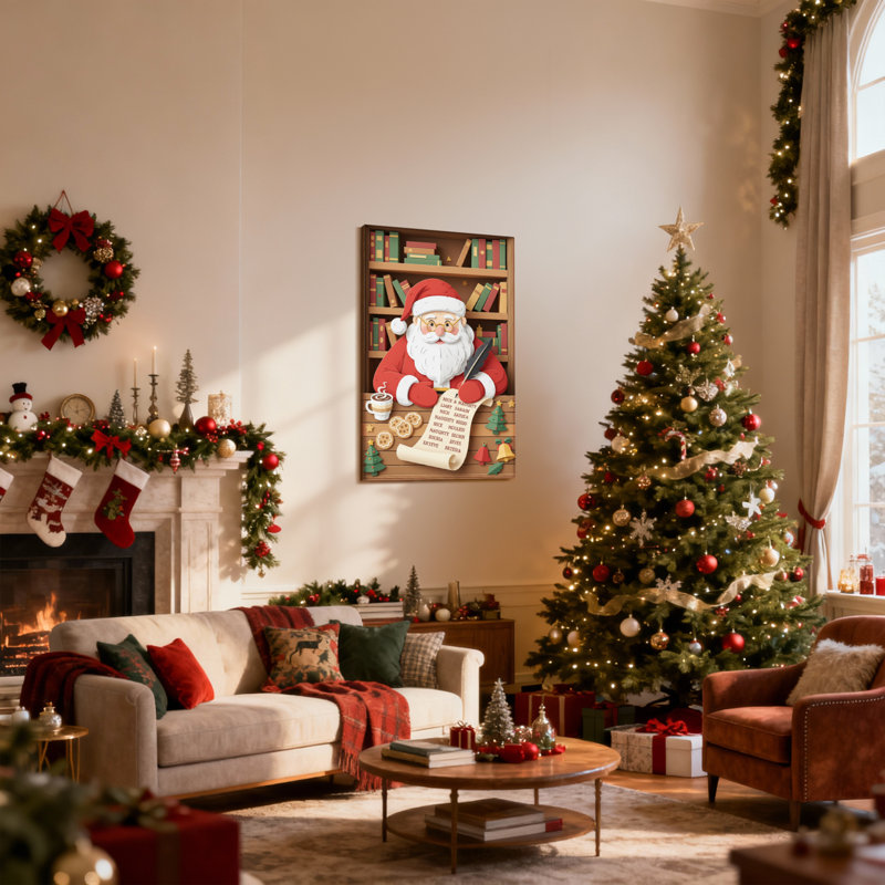 Noël, père Noël, liste d'écriture, livres, café, biscuits, clochettes, ensemble de 3 impressions sur toile, H 24 po x l 16 po