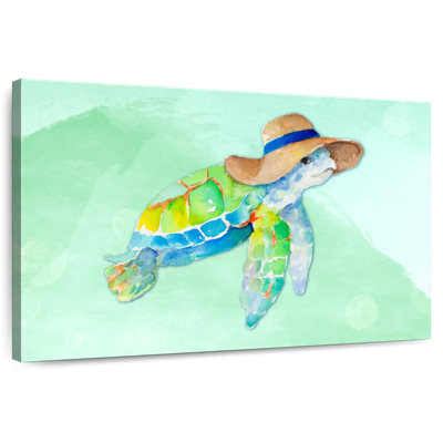 Tortue avec un chapeau sur fond bleu aquarelle