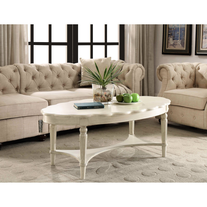 Antique White Finish Coffee Table In French - Solid Wood And Storage Feature Elegant Oval Shape, Wooden Top Bottom Shelf