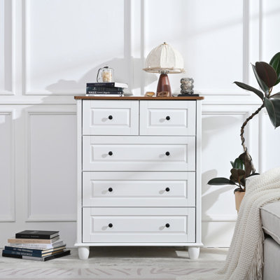 Grande commode blanche à 5 tiroirs avec plateau en bois brun, commode de ferme pour chambre à coucher et salon
