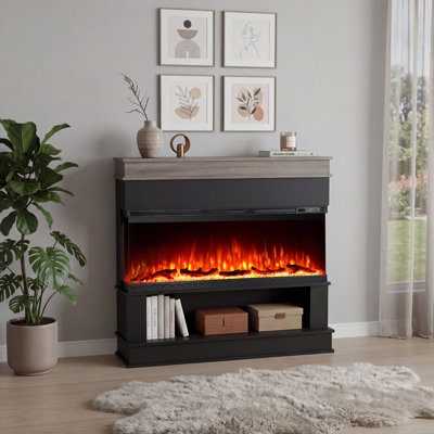 60" Black 3-Side Electric Fireplace with Mantel and Storage, Extra-Wide Firebox, 12 Color Flame, Flame-Only Mode, 1500W