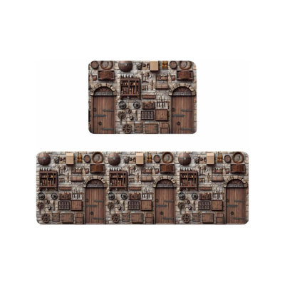 Set of 2 Rustic Stone Kitchen Mats, Vintage Farmhouse Home Decor for Kitchen & Pantry, Brown Beige