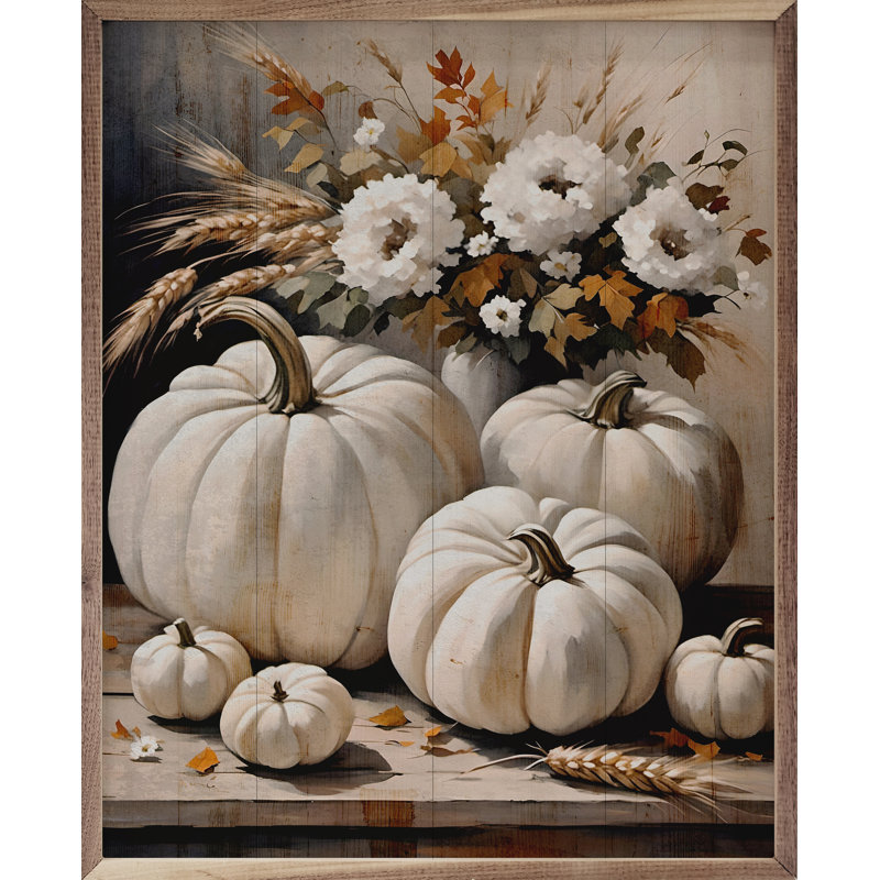 «White Pumpkins On Table» sur bois, H 40 po x l 32 po