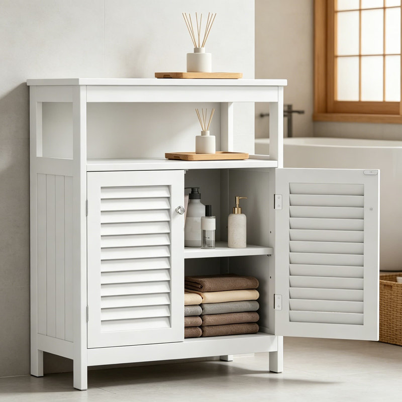 Armoire de rangement autoportante blanche avec portes à volets, armoire de plancher 31,5 x 23,6 x 15,7 pouces avec tablette amovible, pour salle de bain, salon, cuisine