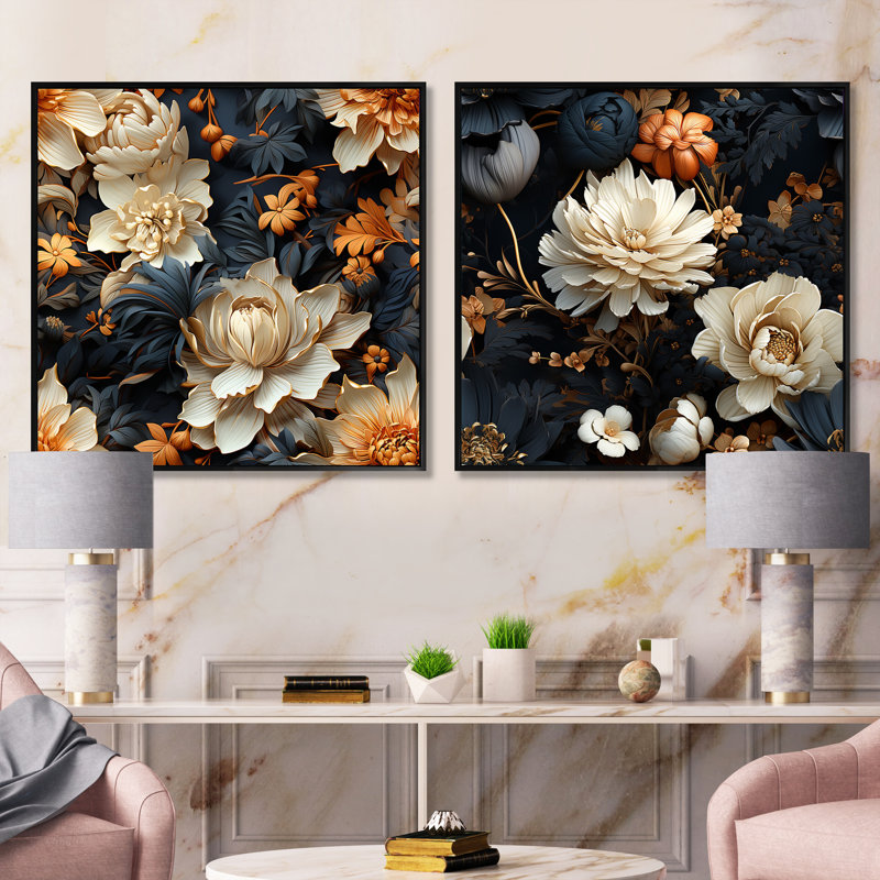 Rochers - Ensemble de 2 collages floraux carrés, H 16 po x l 33 po, Cadre flottant noir
