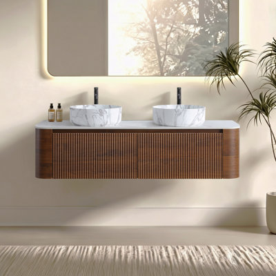 60 Inch Bathroom Vanity With Sink, Walnut Wall Cabinet With Free Towel Rack, Double Carrara White Ceramic Basins Design, Without Drain And Faucet, Pre-Assembled