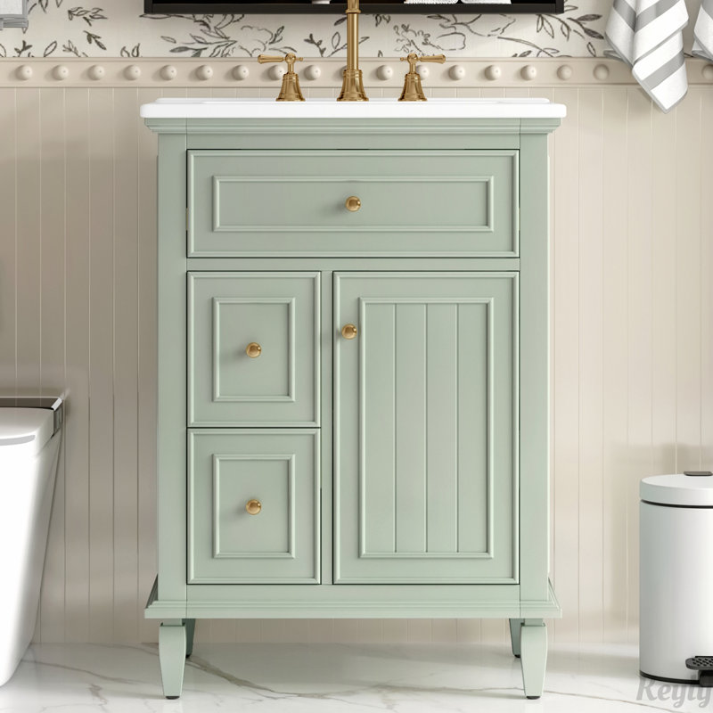 24" Bathroom Vanity with Sink,Drawer and Adjustable Shelf, Light Green/Silver