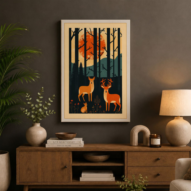 Deer at Sunrise Japandi - Wrapped Canvas, 24x16 - 61.0 x 40.6 cm, Sage Border