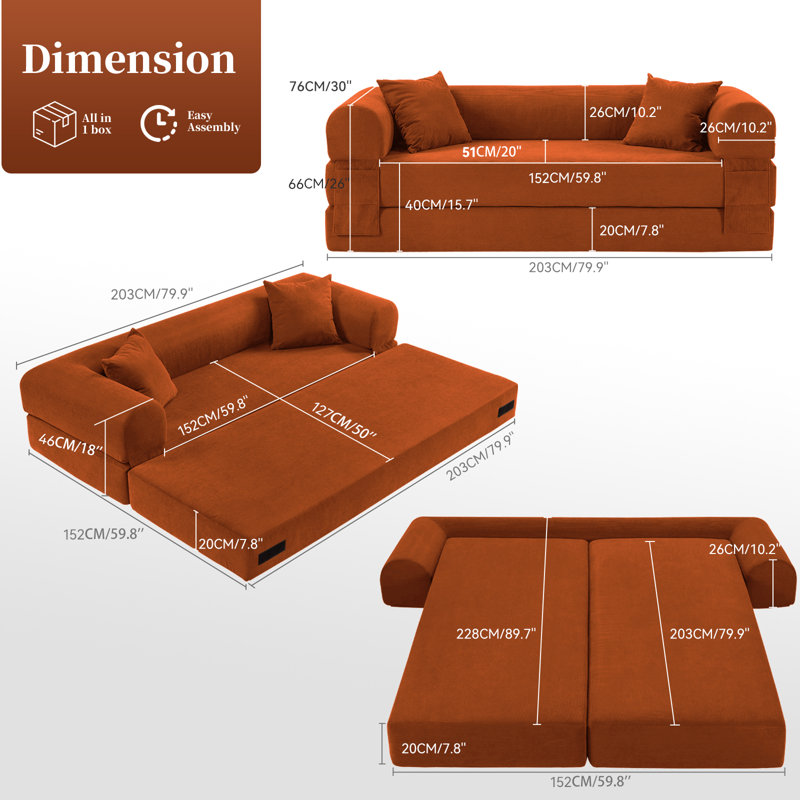 Boneless 3-Seats Convertible Floor Sofa Bed with Storage Pocket, Corduroy Folding Mattress Sofa with Zipper Closure, Floor Lounge Couch for Living Room, Bedroom, 80 in