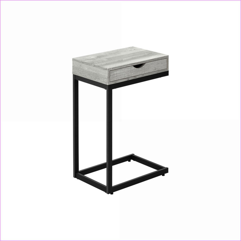 Table basse en forme de C pour le salon, stratifiée grise et amp; Métal noir avec tiroir de rangement, Bois gris, Noir