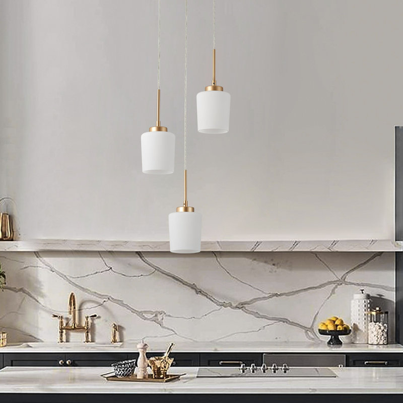 3-Light Brass Metal Chandelier with White Glass Shades, Adjustable Height, Dimmable, UL Certified, E26 Base